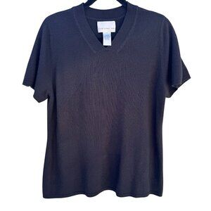 Susan Graver Style Womens Black Minimalist Short Sleeve V-Neck Knit Sweater L